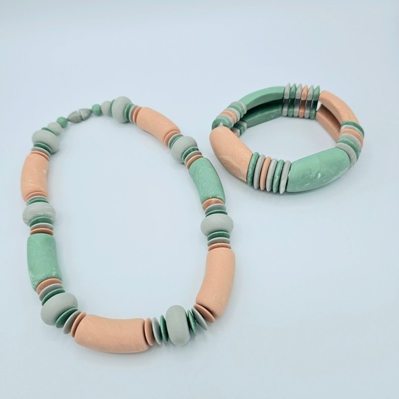 Avon Necklace Bracelet Vintage Marbled Peach Mint Geometric Chunky Beach - Picture 7 of 7